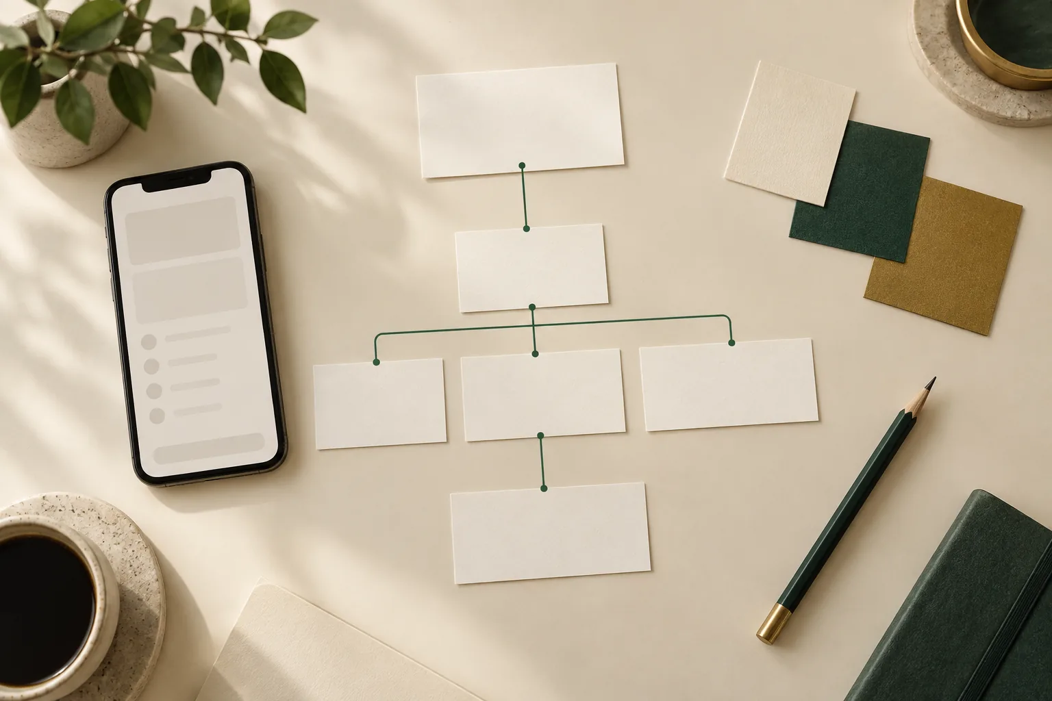 Illustrative layout of workflow cards, a phone, and ivory, green, and gold brand swatches