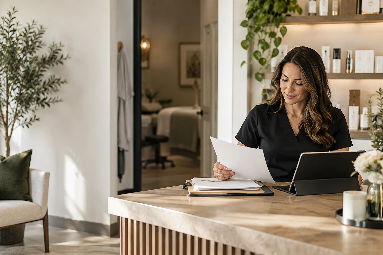 Illustrative scene of a med spa operator reviewing paperwork and a tablet at reception